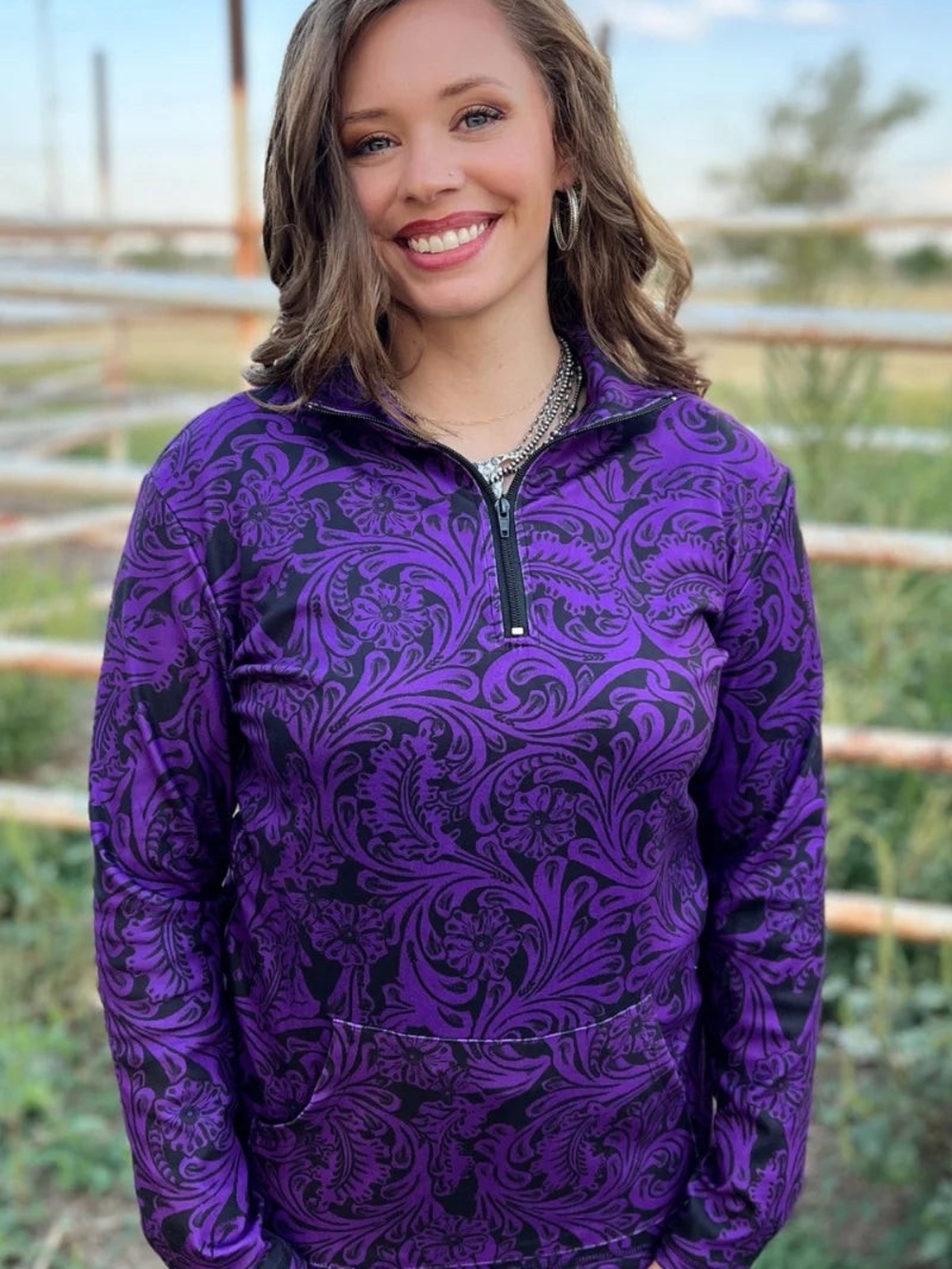 Purple Floral Print Half-Zip Pullover